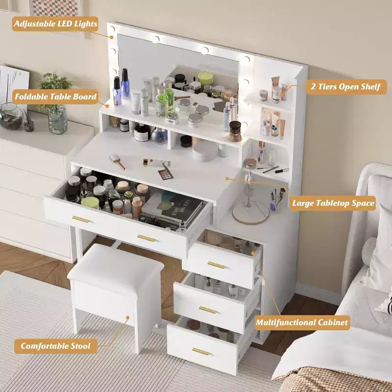 Vanity Desk with 9 LED Mirror & Drawers, 4 Large Drawers and 3 Tiers of Open Shelves for Bedroom, White