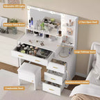 Vanity Desk with 9 LED Mirror & Drawers, 4 Large Drawers and 3 Tiers of Open Shelves for Bedroom, White