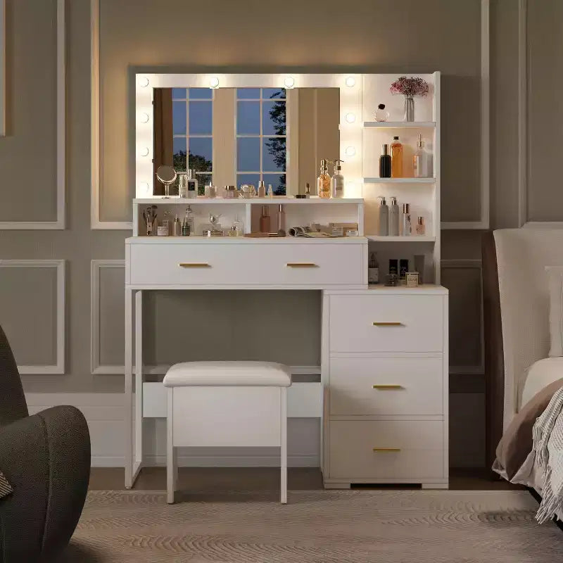 Vanity Desk with 9 LED Mirror & Drawers, 4 Large Drawers and 3 Tiers of Open Shelves for Bedroom, White