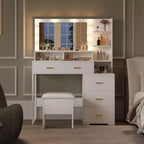 Vanity Desk with 9 LED Mirror & Drawers, 4 Large Drawers and 3 Tiers of Open Shelves for Bedroom, White