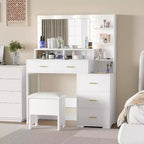 Vanity Desk with 9 LED Mirror & Drawers, 4 Large Drawers and 3 Tiers of Open Shelves for Bedroom, White