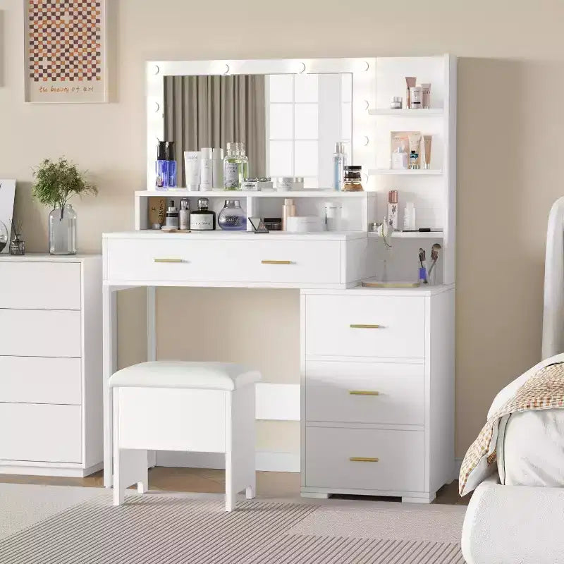 Vanity Desk with 9 LED Mirror & Drawers, 4 Large Drawers and 3 Tiers of Open Shelves for Bedroom, White