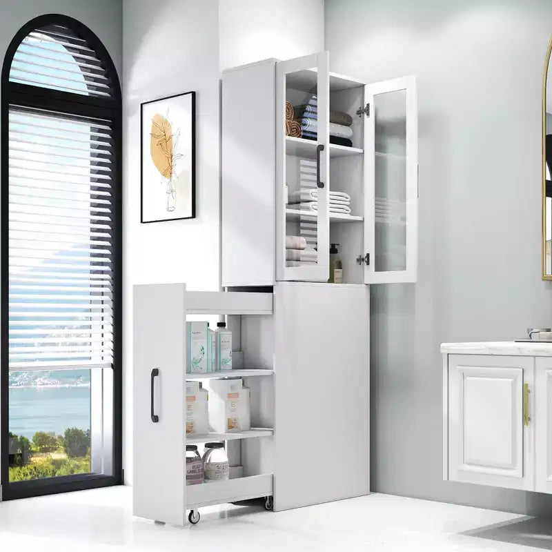CLIHOME 70.87 H Display Storage Cabinet , 4 Tier Multi-functional Pull-out Storage Shelves, Wooden Tall Bookshelf Bookcase