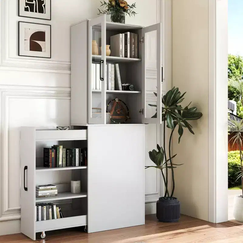 CLIHOME 70.87 H Display Storage Cabinet , 4 Tier Multi-functional Pull-out Storage Shelves, Wooden Tall Bookshelf Bookcase