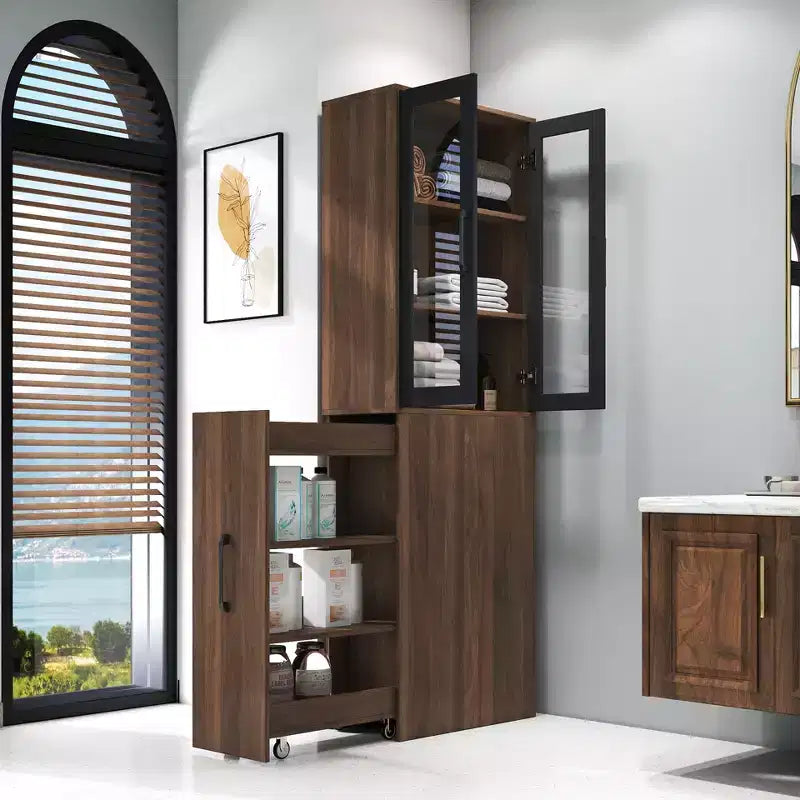 CLIHOME 70.87 H Display Storage Cabinet , 4 Tier Multi-functional Pull-out Storage Shelves, Wooden Tall Bookshelf Bookcase