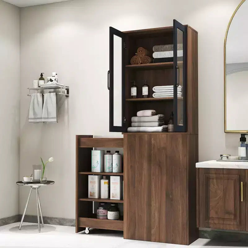 CLIHOME 70.87 H Display Storage Cabinet , 4 Tier Multi-functional Pull-out Storage Shelves, Wooden Tall Bookshelf Bookcase