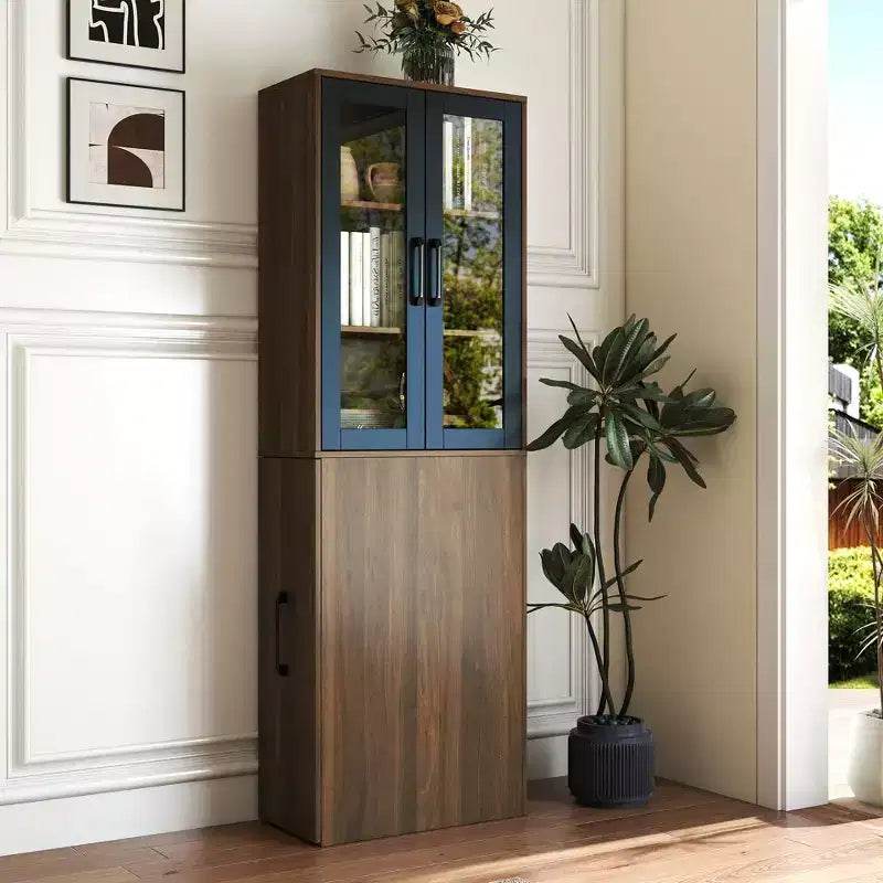 CLIHOME 70.87 H Display Storage Cabinet , 4 Tier Multi-functional Pull-out Storage Shelves, Wooden Tall Bookshelf Bookcase