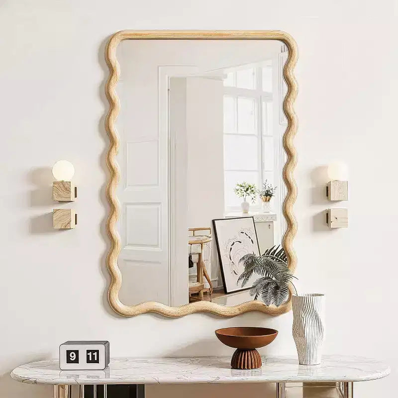 Miroir mural ondulé 30x20 avec cadre en bois, style bohème pour salle de bain, chambre, entrée et ferme