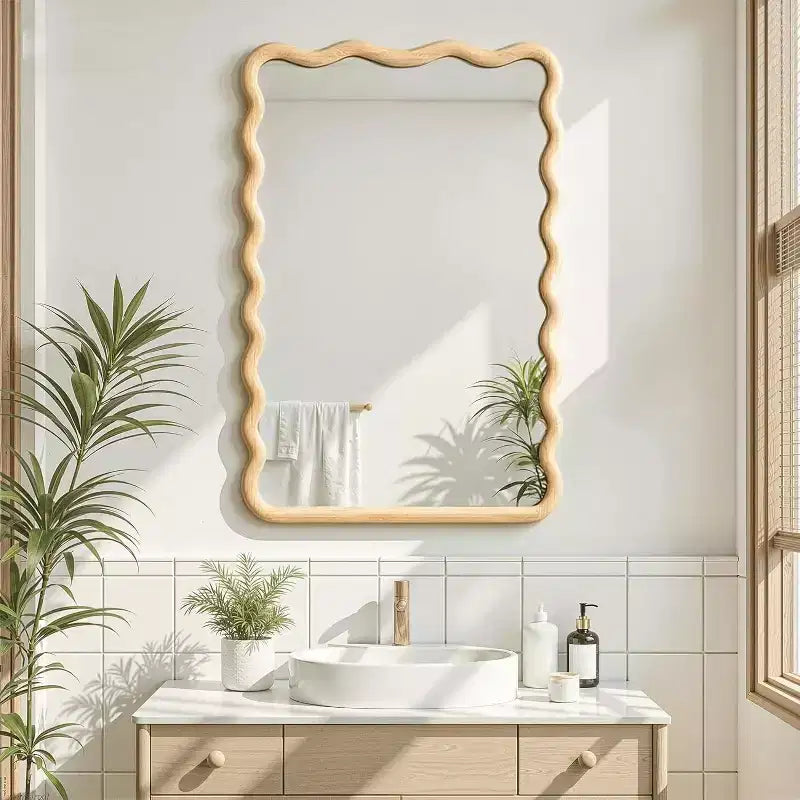 Miroir mural ondulé 30x20 avec cadre en bois, style bohème pour salle de bain, chambre, entrée et ferme
