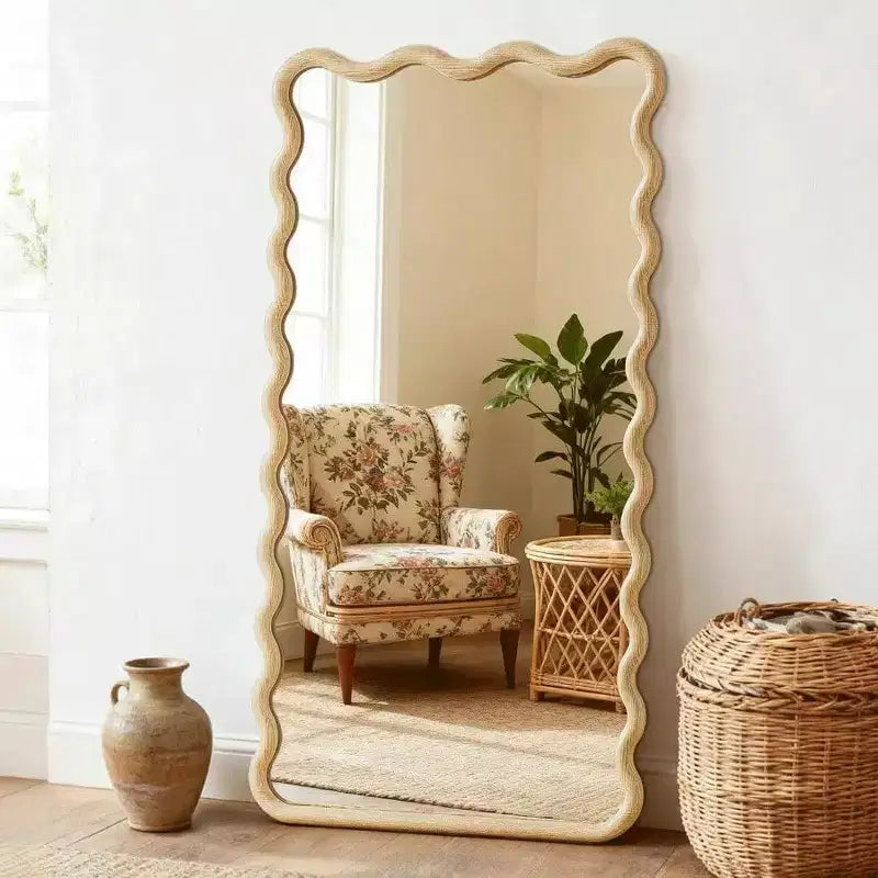 Miroir mural ondulé 30x20 avec cadre en bois, style bohème pour salle de bain, chambre, entrée et ferme