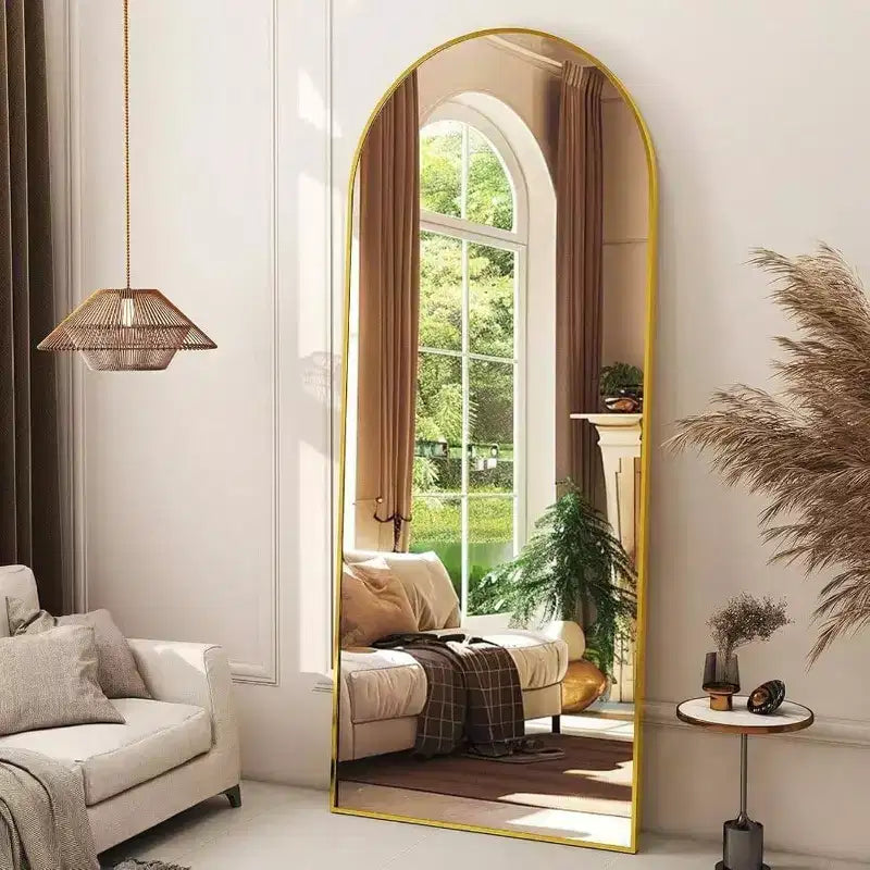 56 Inch Arched Full Length Mirror with Aluminum Alloy Frame Gold Standing Wall Mounted Floor Mirror Large Dressing Mirror