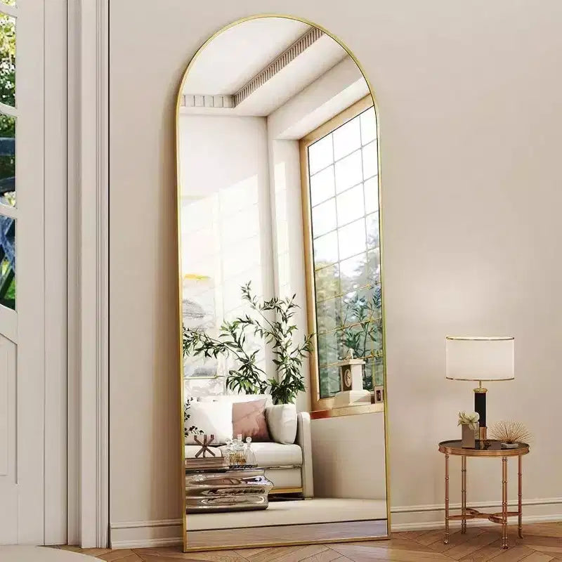 Miroir arqué pleine longueur de 56 pouces avec cadre en alliage d'aluminium doré, miroir de sol autoportant ou mural, grand miroir de dressing.