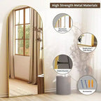 Miroir arqué pleine longueur de 56 pouces avec cadre en alliage d'aluminium doré, miroir de sol autoportant ou mural, grand miroir de dressing.