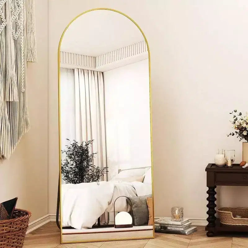 Miroir arqué pleine longueur de 56 pouces avec cadre en alliage d'aluminium doré, miroir de sol autoportant ou mural, grand miroir de dressing.