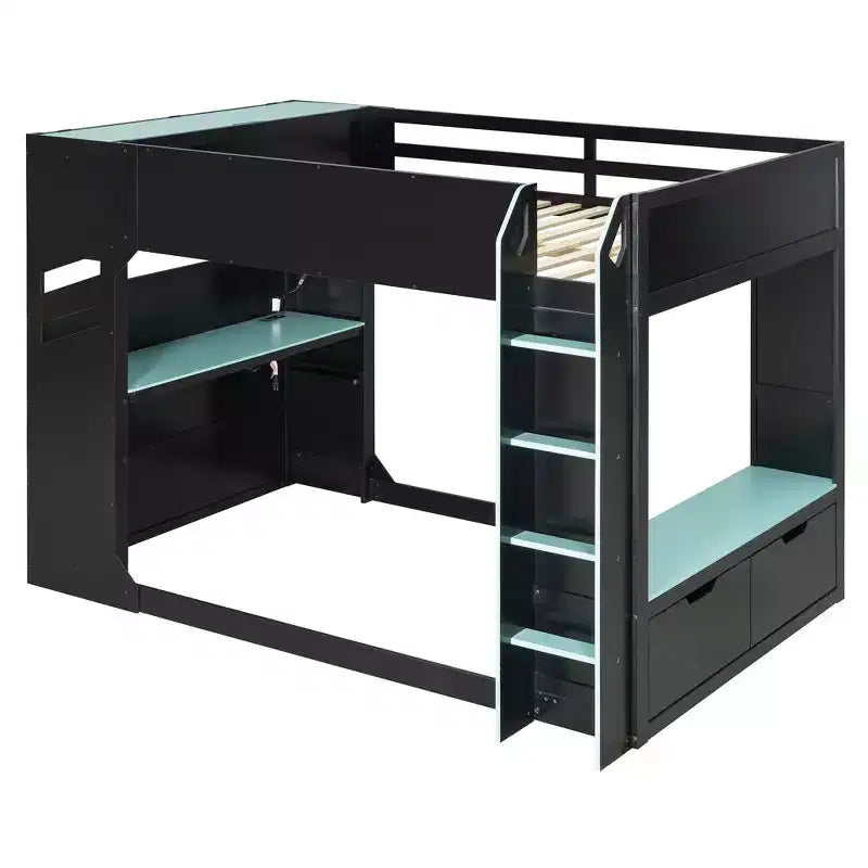 Lit mezzanine Luxystar avec bureau réglable en hauteur, lumières RVB et rangements, lit double gain de place