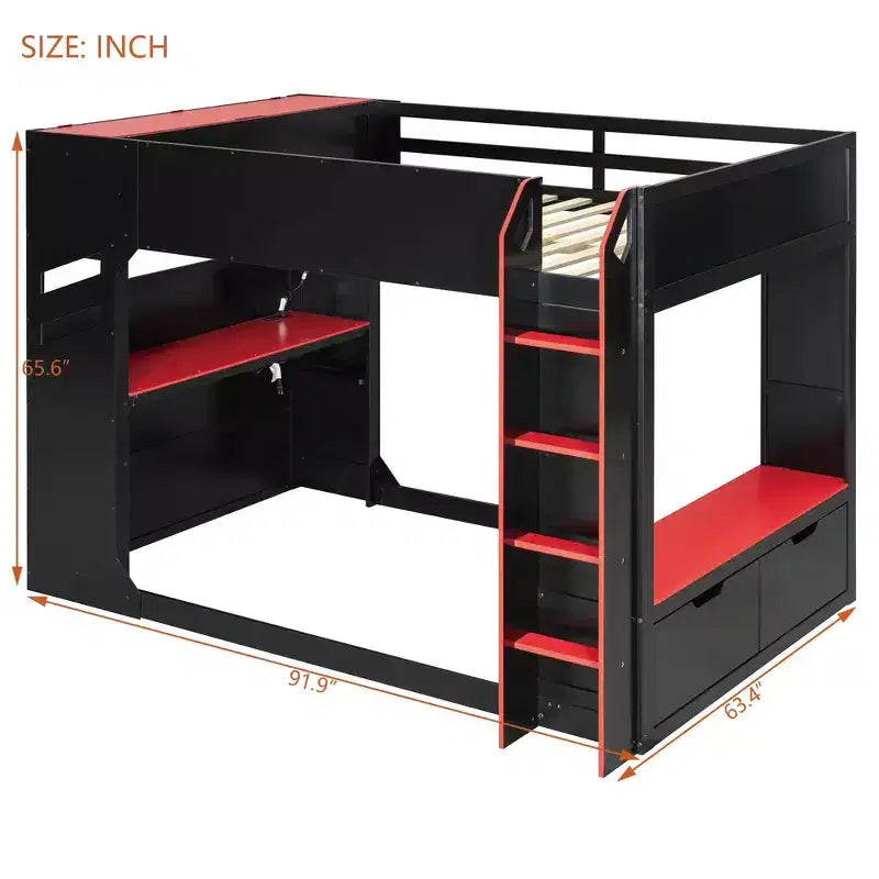 Lit mezzanine Luxystar avec bureau réglable en hauteur, lumières RVB et rangements, lit double gain de place