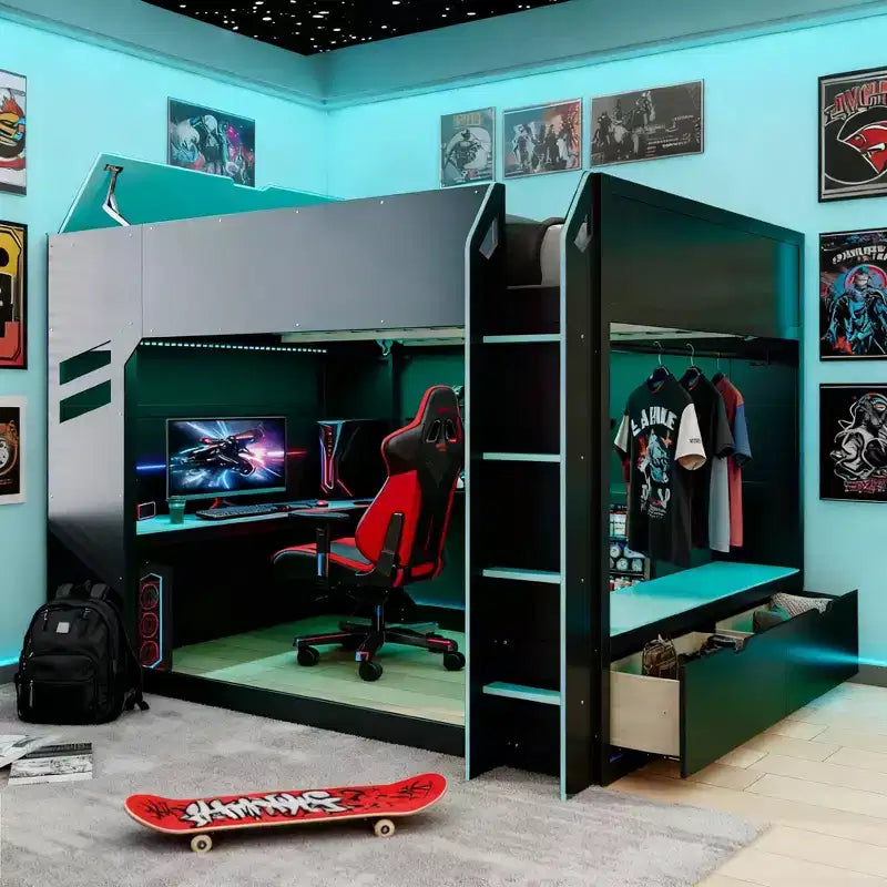 Luxystar Loft Bed with Height-Adjustable Desk, RGB Lights and Storage, Full Size Space-Saving Bed
