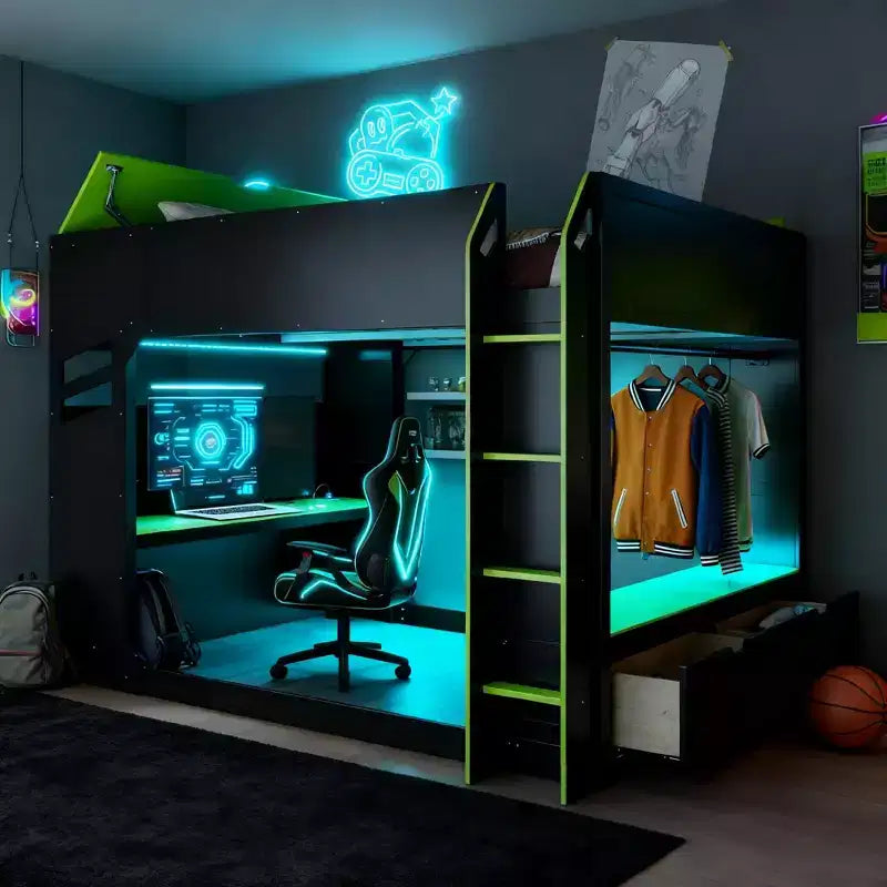 Lit mezzanine Luxystar avec bureau réglable en hauteur, lumières RVB et rangements, lit double gain de place