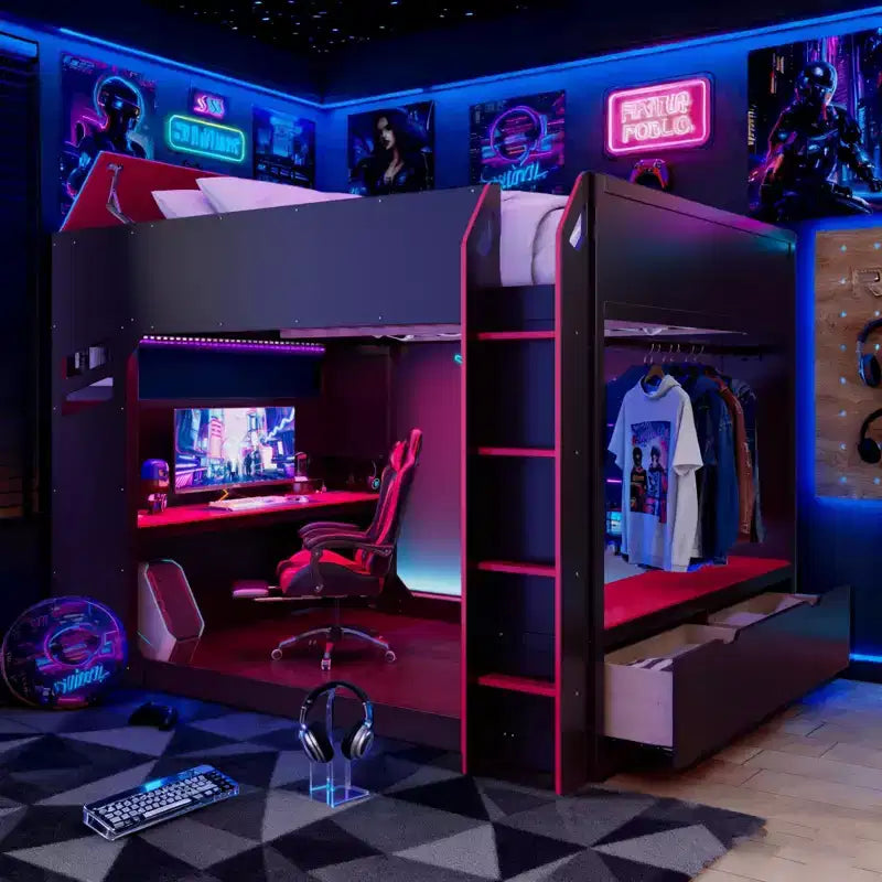 Lit mezzanine Luxystar avec bureau réglable en hauteur, lumières RVB et rangements, lit double gain de place