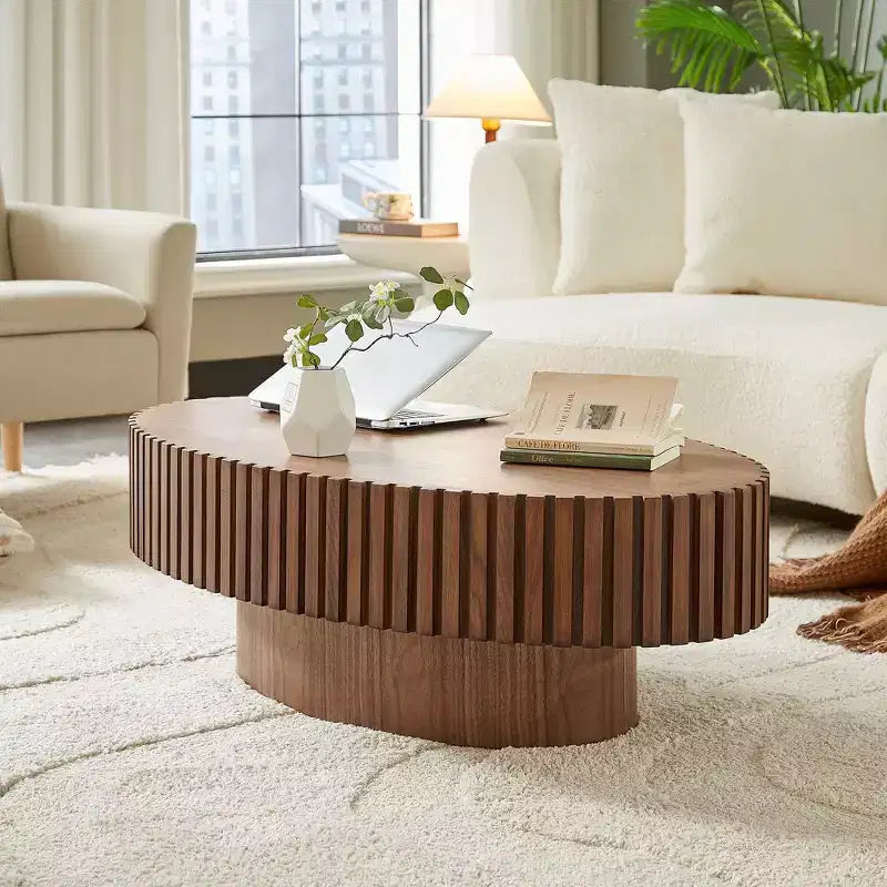 MAYEERTY 43.7 Inch Modern Oval Coffee Table, Handcrafted Center Table with Sturdy Pedestal for Living Room Bedroom Small Space