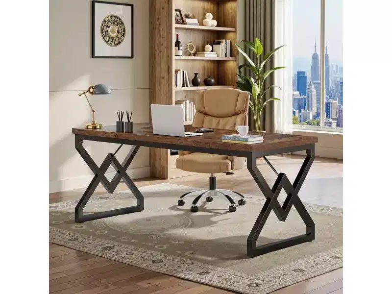 Lantine 63-inch Executive Desk with Extra Thick Tabletop & Metal Frame, Industrial Modern Workstation Writing Table for Home Office, Vintage Brown