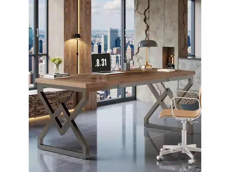 Lantine 63-inch Executive Desk with Extra Thick Tabletop & Metal Frame, Industrial Modern Workstation Writing Table for Home Office, Vintage Brown