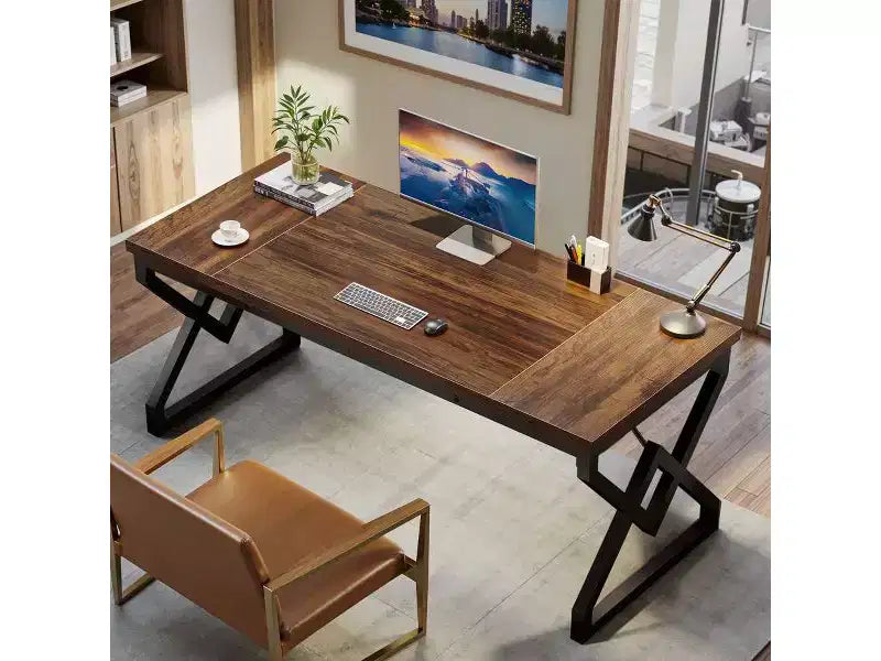 Lantine 63-inch Executive Desk with Extra Thick Tabletop & Metal Frame, Industrial Modern Workstation Writing Table for Home Office, Vintage Brown