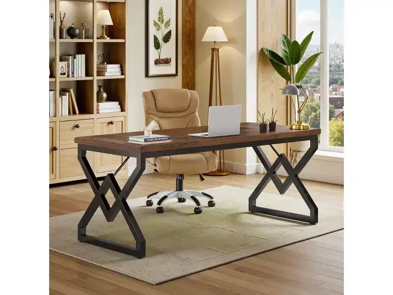 Lantine 63-inch Executive Desk with Extra Thick Tabletop & Metal Frame, Industrial Modern Workstation Writing Table for Home Office, Vintage Brown
