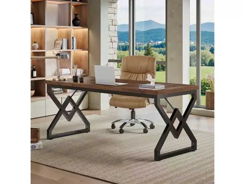 Lantine 63-inch Executive Desk with Extra Thick Tabletop & Metal Frame, Industrial Modern Workstation Writing Table for Home Office, Vintage Brown
