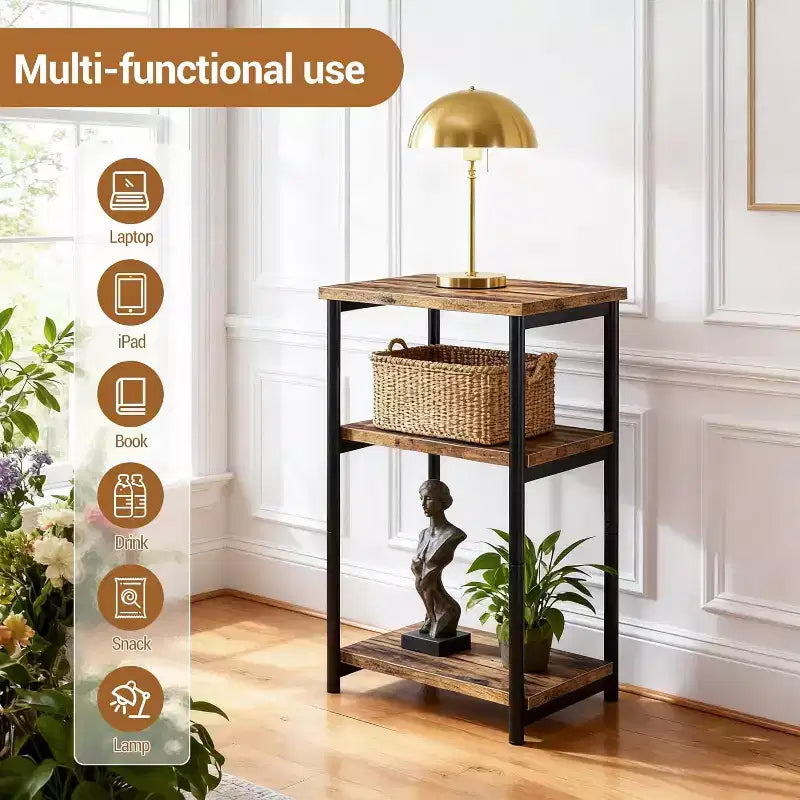 COZONY Table d'appoint à 3 niveaux avec rangement, petite table de chevet et table de téléphone, table de nuit haute à cadre métallique pour salon, chambre, bureau, salle de bain
