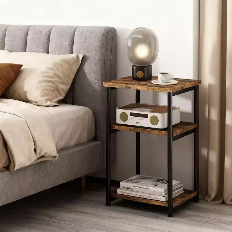 COZONY Table d'appoint à 3 niveaux avec rangement, petite table de chevet et table de téléphone, table de nuit haute à cadre métallique pour salon, chambre, bureau, salle de bain