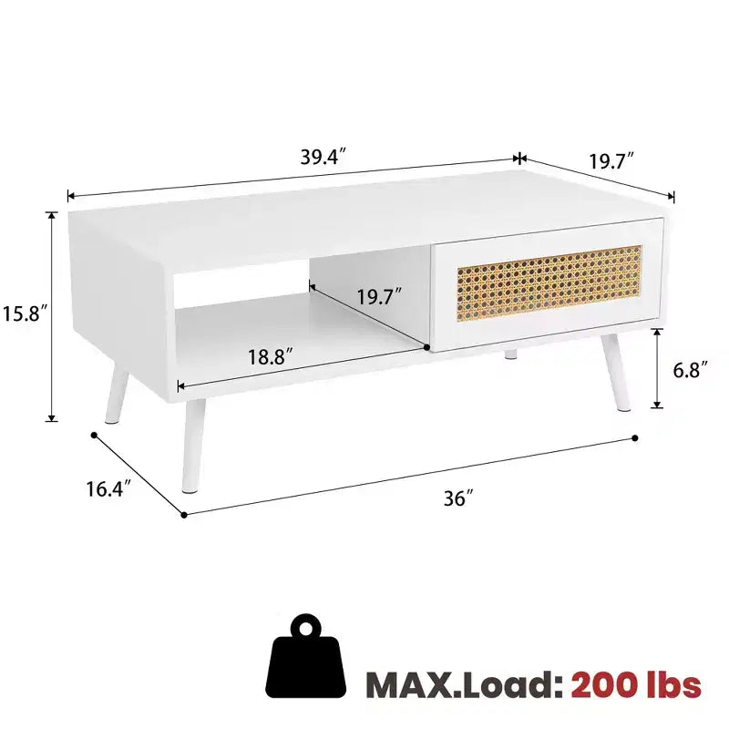 Table Basse Moderne Mid-Century avec Rangement, Tables Basses Rectangulaires de 105 cm en Bois avec Panneau Coulissant en Rotin PE Tressé et Pieds en Bois