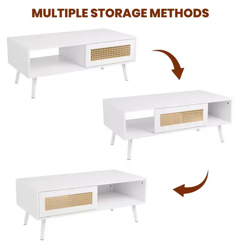 Table Basse Moderne Mid-Century avec Rangement, Tables Basses Rectangulaires de 105 cm en Bois avec Panneau Coulissant en Rotin PE Tressé et Pieds en Bois