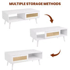 Table Basse Moderne Mid-Century avec Rangement, Tables Basses Rectangulaires de 105 cm en Bois avec Panneau Coulissant en Rotin PE Tressé et Pieds en Bois