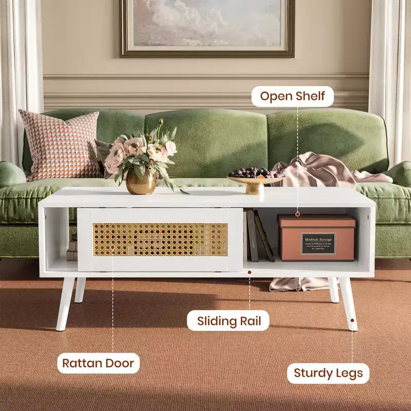 Table Basse Moderne Mid-Century avec Rangement, Tables Basses Rectangulaires de 105 cm en Bois avec Panneau Coulissant en Rotin PE Tressé et Pieds en Bois