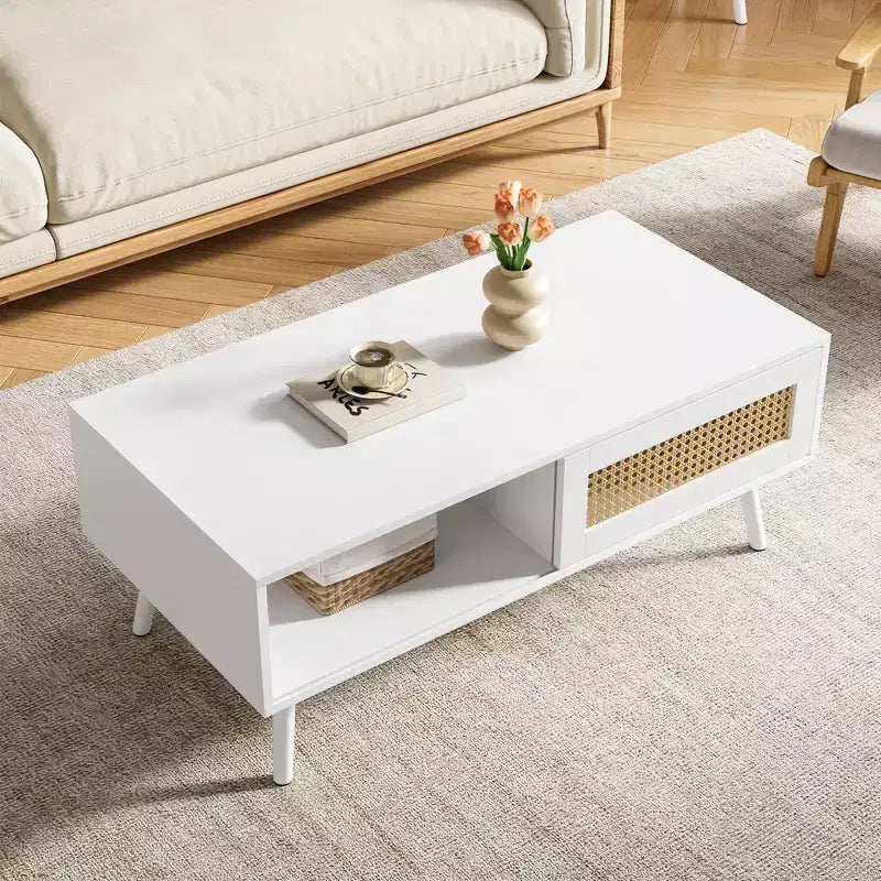 Table Basse Moderne Mid-Century avec Rangement, Tables Basses Rectangulaires de 105 cm en Bois avec Panneau Coulissant en Rotin PE Tressé et Pieds en Bois
