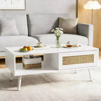 Table Basse Moderne Mid-Century avec Rangement, Tables Basses Rectangulaires de 105 cm en Bois avec Panneau Coulissant en Rotin PE Tressé et Pieds en Bois
