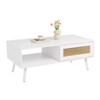 Table Basse Moderne Mid-Century avec Rangement, Tables Basses Rectangulaires de 105 cm en Bois avec Panneau Coulissant en Rotin PE Tressé et Pieds en Bois