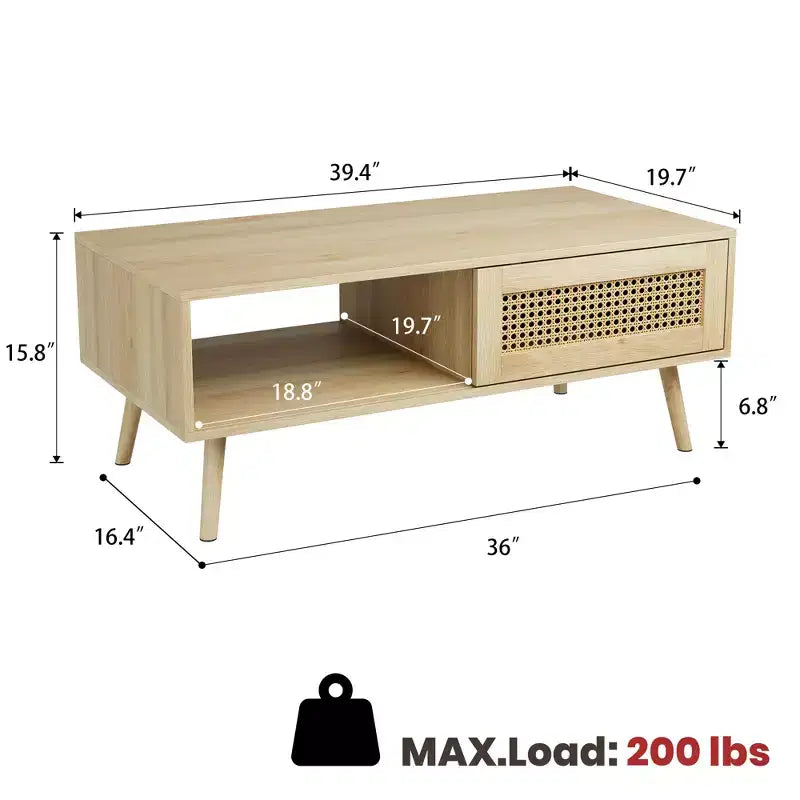 Table Basse Moderne Mid-Century avec Rangement, Tables Basses Rectangulaires de 105 cm en Bois avec Panneau Coulissant en Rotin PE Tressé et Pieds en Bois