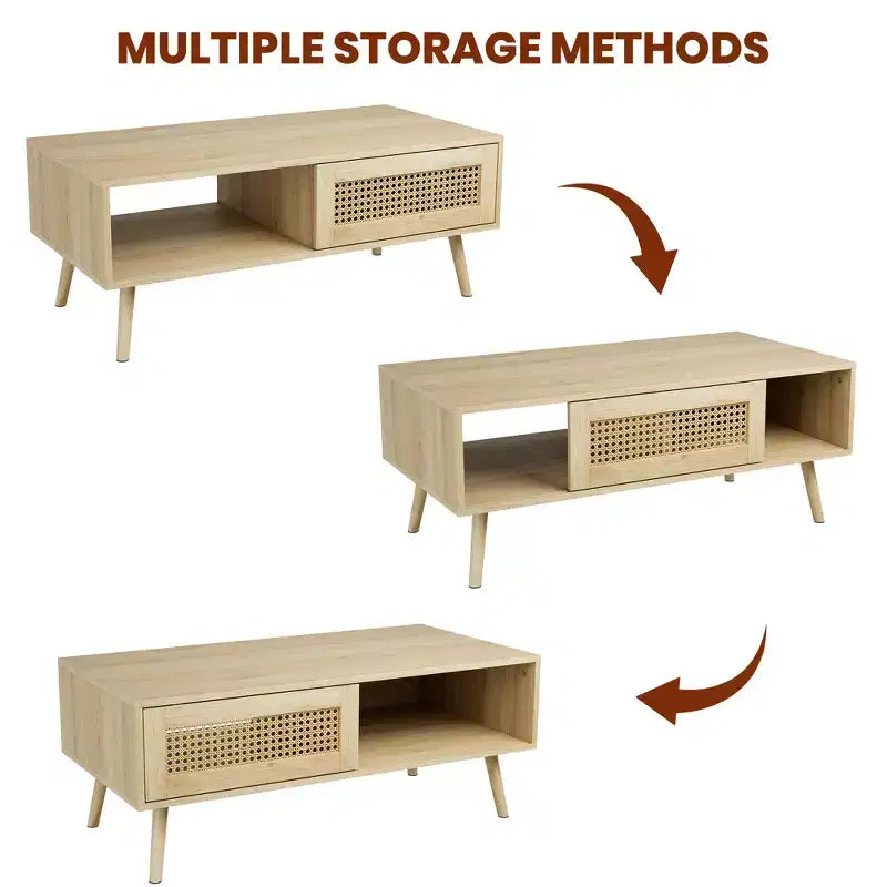 Table Basse Moderne Mid-Century avec Rangement, Tables Basses Rectangulaires de 105 cm en Bois avec Panneau Coulissant en Rotin PE Tressé et Pieds en Bois