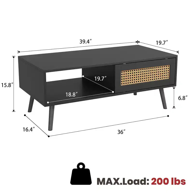 Table Basse Moderne Mid-Century avec Rangement, Tables Basses Rectangulaires de 105 cm en Bois avec Panneau Coulissant en Rotin PE Tressé et Pieds en Bois