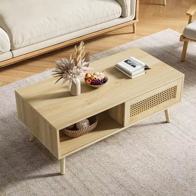 Table Basse Moderne Mid-Century avec Rangement, Tables Basses Rectangulaires de 105 cm en Bois avec Panneau Coulissant en Rotin PE Tressé et Pieds en Bois
