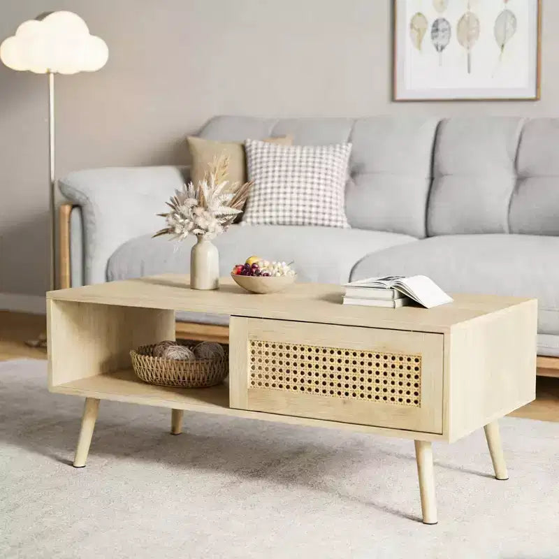 Table Basse Moderne Mid-Century avec Rangement, Tables Basses Rectangulaires de 105 cm en Bois avec Panneau Coulissant en Rotin PE Tressé et Pieds en Bois