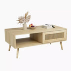 Table Basse Moderne Mid-Century avec Rangement, Tables Basses Rectangulaires de 105 cm en Bois avec Panneau Coulissant en Rotin PE Tressé et Pieds en Bois