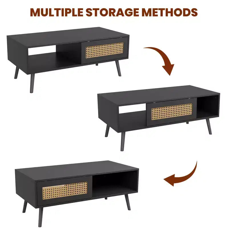 Table Basse Moderne Mid-Century avec Rangement, Tables Basses Rectangulaires de 105 cm en Bois avec Panneau Coulissant en Rotin PE Tressé et Pieds en Bois