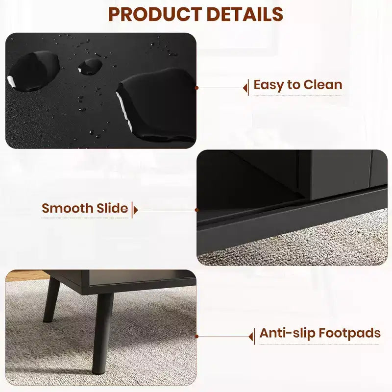 Table Basse Moderne Mid-Century avec Rangement, Tables Basses Rectangulaires de 105 cm en Bois avec Panneau Coulissant en Rotin PE Tressé et Pieds en Bois