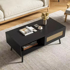 Table Basse Moderne Mid-Century avec Rangement, Tables Basses Rectangulaires de 105 cm en Bois avec Panneau Coulissant en Rotin PE Tressé et Pieds en Bois