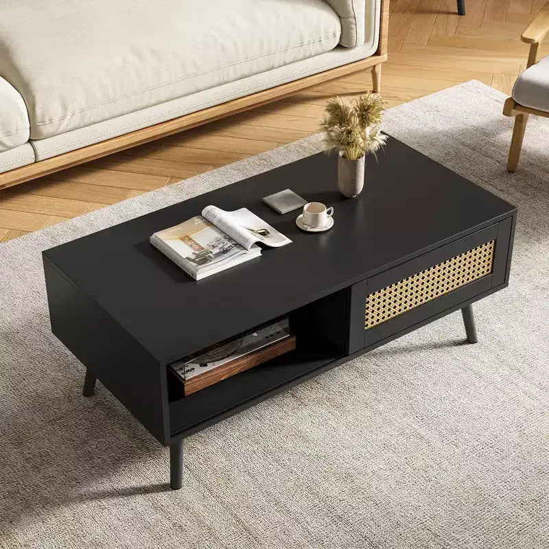 Table Basse Moderne Mid-Century avec Rangement, Tables Basses Rectangulaires de 105 cm en Bois avec Panneau Coulissant en Rotin PE Tressé et Pieds en Bois