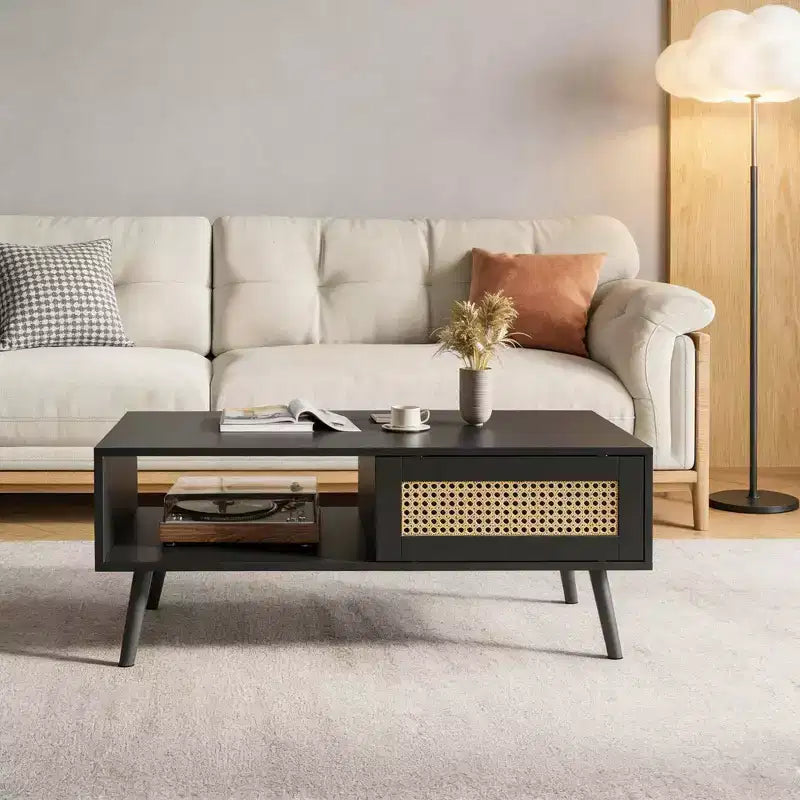 Table Basse Moderne Mid-Century avec Rangement, Tables Basses Rectangulaires de 105 cm en Bois avec Panneau Coulissant en Rotin PE Tressé et Pieds en Bois