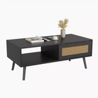 Table Basse Moderne Mid-Century avec Rangement, Tables Basses Rectangulaires de 105 cm en Bois avec Panneau Coulissant en Rotin PE Tressé et Pieds en Bois